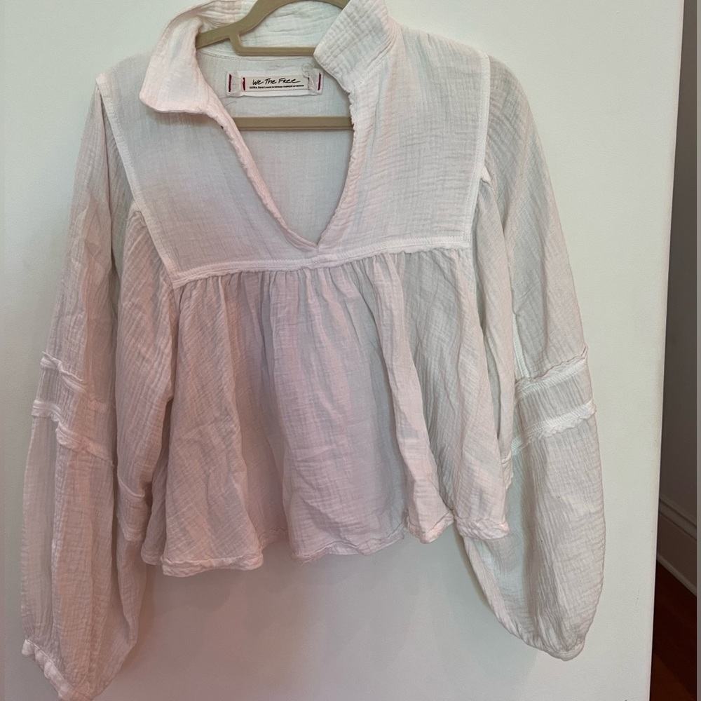 Free People White Linen V Neck Oversized Blouse
